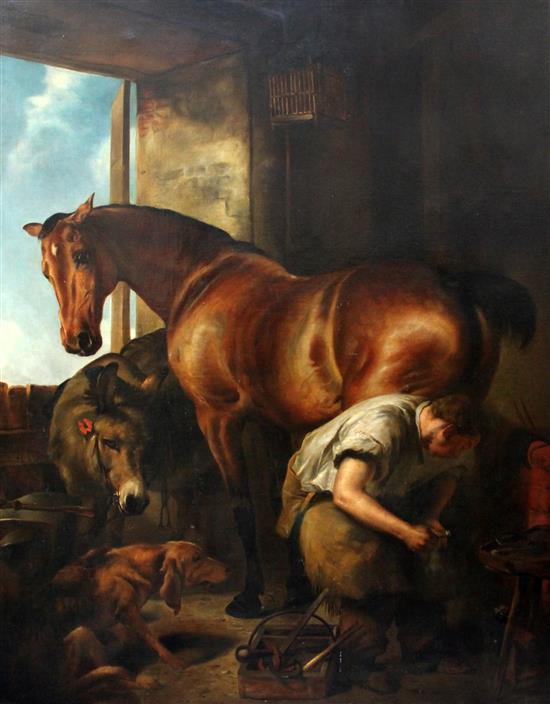 A. Scott (19th C.) Blacksmith shoeing a horse with a donkey and hound onlooking, 56 x 44in.